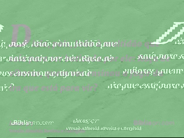 Dizia, pois, João à multidão que saía para ser batizada por ele: Raça de víboras, quem vos ensinou a fugir da ira que está para vir?