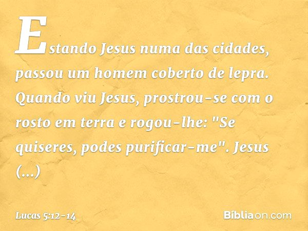 Estando Jesus numa das cidades, passou um homem coberto de lepra. Quando viu Jesus, prostrou-se com o rosto em terra e rogou-lhe: "Se quiseres, podes purificar-