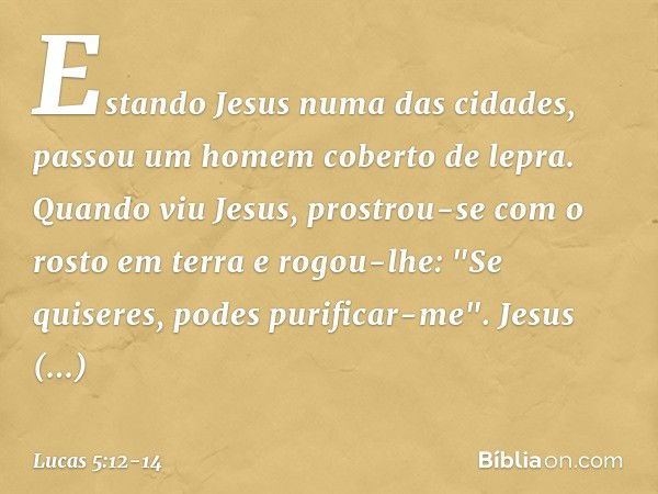 Estando Jesus numa das cidades, passou um homem coberto de lepra. Quando viu Jesus, prostrou-se com o rosto em terra e rogou-lhe: "Se quiseres, podes purificar-