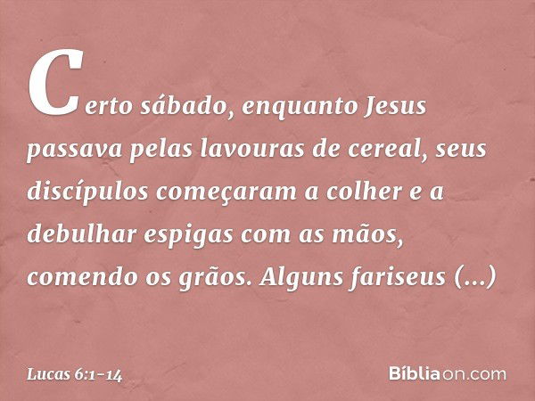 Certo sábado, enquanto Jesus passava pelas lavouras de cereal, seus discípulos começaram a colher e a debulhar espigas com as mãos, comendo os grãos. Alguns far