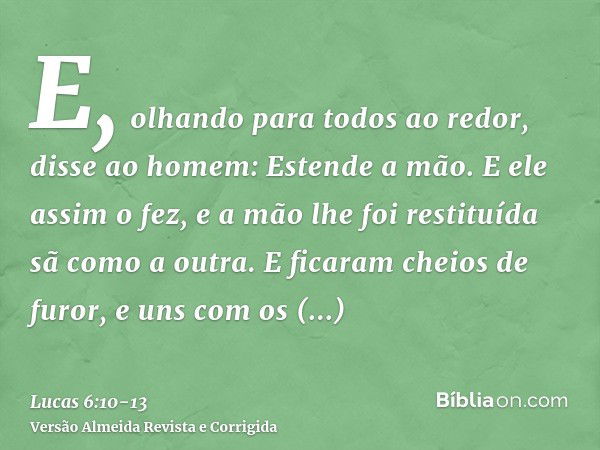 E, olhando para todos ao redor, disse ao homem: Estende a mão. E ele assim o fez, e a mão lhe foi restituída sã como a outra.E ficaram cheios de furor, e uns co