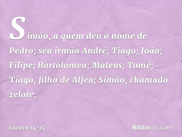 Simão, a quem deu o nome de Pedro; seu irmão André; Tiago; João; Filipe; Bartolomeu; Mateus; Tomé; Tiago, filho de Alfeu; Simão, chamado zelote; -- Lucas 6:14-1