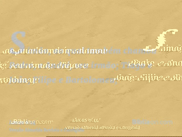 Simão, ao qual também chamou Pedro, e André, seu irmão; Tiago e João; Filipe e Bartolomeu;