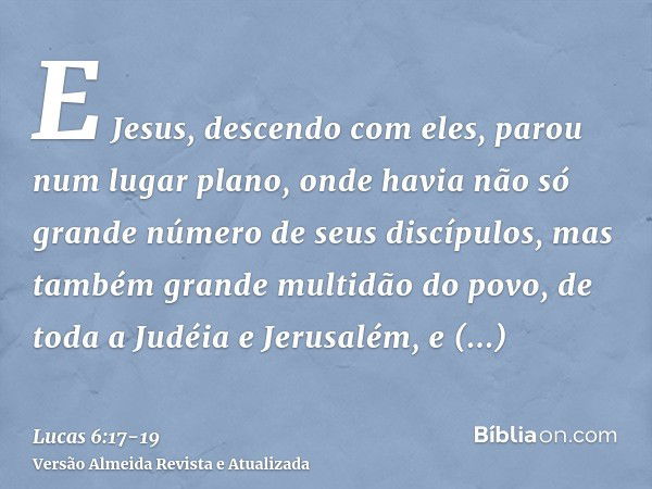 E Jesus, descendo com eles, parou num lugar plano, onde havia não só grande número de seus discípulos, mas também grande multidão do povo, de toda a Judéia e Je