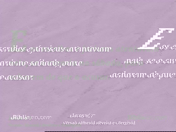 E os escribas e fariseus atentavam nele, se o curaria no sábado, para acharem de que o acusar.