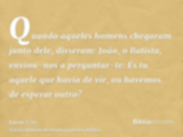 Quando aqueles homens chegaram junto dele, disseram: João, o Batista, enviou-nos a perguntar-te: És tu aquele que havia de vir, ou havemos de esperar outro?