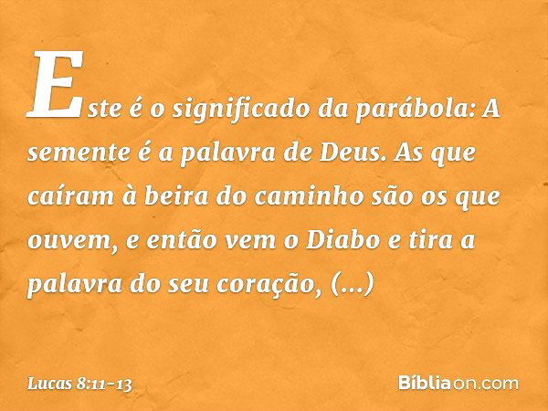 "Este é o significado da parábola: A semente é a palavra de Deus. As que caíram à beira do caminho são os que ouvem, e então vem o Diabo e tira a palavra do seu