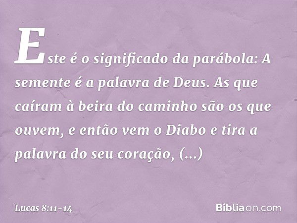 "Este é o significado da parábola: A semente é a palavra de Deus. As que caíram à beira do caminho são os que ouvem, e então vem o Diabo e tira a palavra do seu