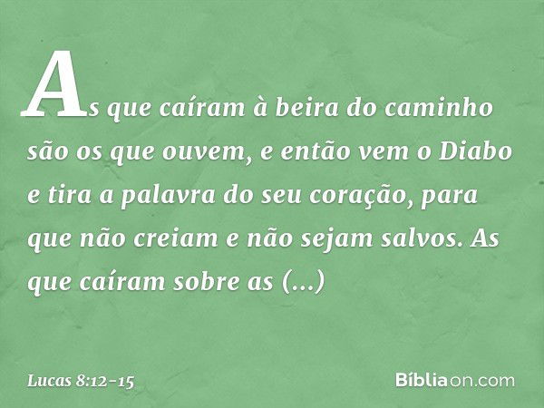 As que caíram à beira do caminho são os que ouvem, e então vem o Diabo e tira a palavra do seu coração, para que não creiam e não sejam salvos. As que caíram so