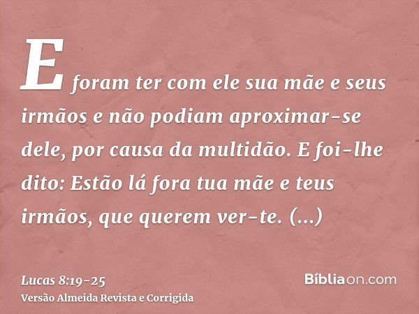 E foram ter com ele sua mãe e seus irmãos e não podiam aproximar-se dele, por causa da multidão.E foi-lhe dito: Estão lá fora tua mãe e teus irmãos, que querem 