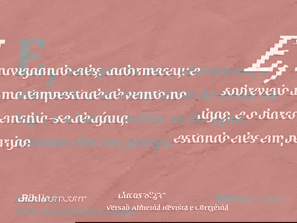 E, navegando eles, adormeceu; e sobreveio uma tempestade de vento no lago, e o barco enchia-se de água, estando eles em perigo.