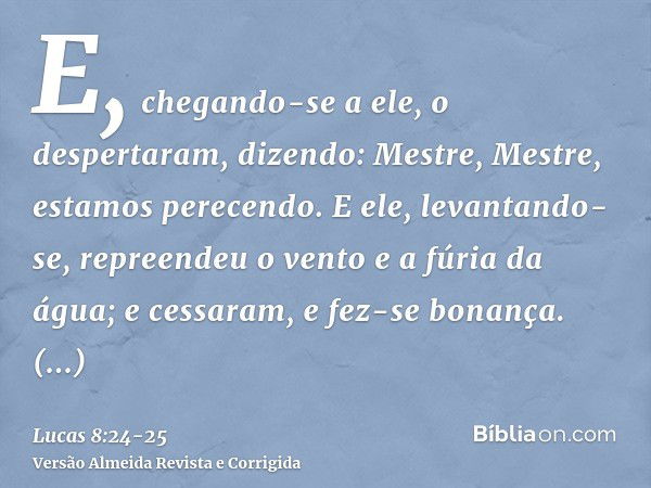 E, chegando-se a ele, o despertaram, dizendo: Mestre, Mestre, estamos perecendo. E ele, levantando-se, repreendeu o vento e a fúria da água; e cessaram, e fez-s