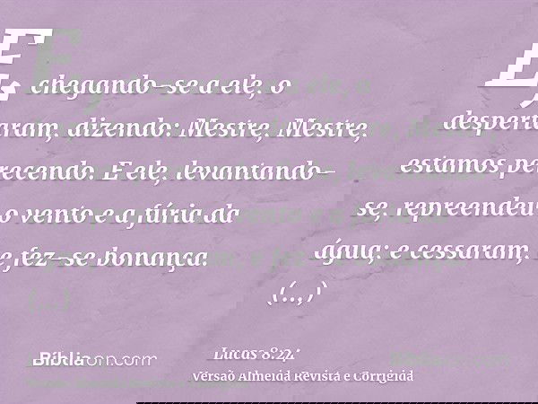 E, chegando-se a ele, o despertaram, dizendo: Mestre, Mestre, estamos perecendo. E ele, levantando-se, repreendeu o vento e a fúria da água; e cessaram, e fez-s
