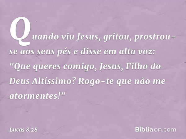 Quando viu Jesus, gritou, prostrou-se aos seus pés e disse em alta voz: "Que queres comigo, Jesus, Filho do Deus Altíssimo? Rogo-te que não me atormentes!" -- L