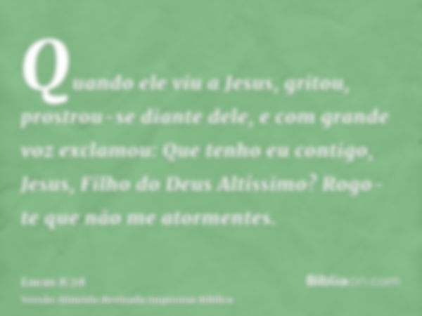 Quando ele viu a Jesus, gritou, prostrou-se diante dele, e com grande voz exclamou: Que tenho eu contigo, Jesus, Filho do Deus Altíssimo? Rogo-te que não me ato