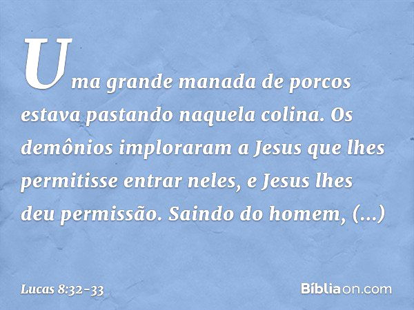 Uma grande manada de porcos estava pastando naquela colina. Os demônios imploraram a Jesus que lhes permitisse entrar neles, e Jesus lhes deu permissão. Saindo 