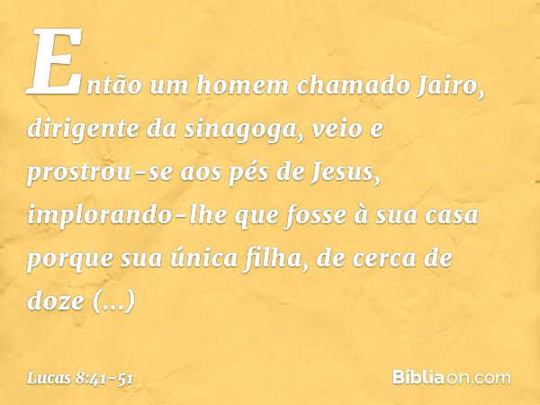 Então um homem chamado Jairo, dirigente da sinagoga, veio e prostrou-se aos pés de Jesus, implorando-lhe que fosse à sua casa porque sua única filha, de cerca d