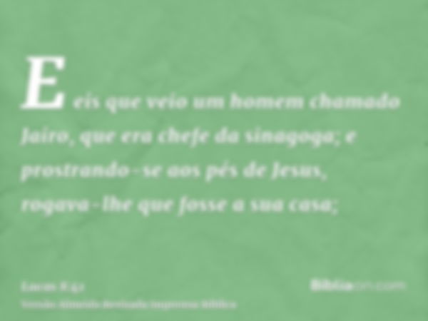 E eis que veio um homem chamado Jairo, que era chefe da sinagoga; e prostrando-se aos pés de Jesus, rogava-lhe que fosse a sua casa;