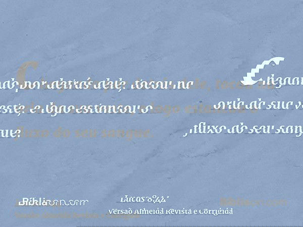 chegando por detrás dele, tocou na orla da sua veste, e logo estancou o fluxo do seu sangue.