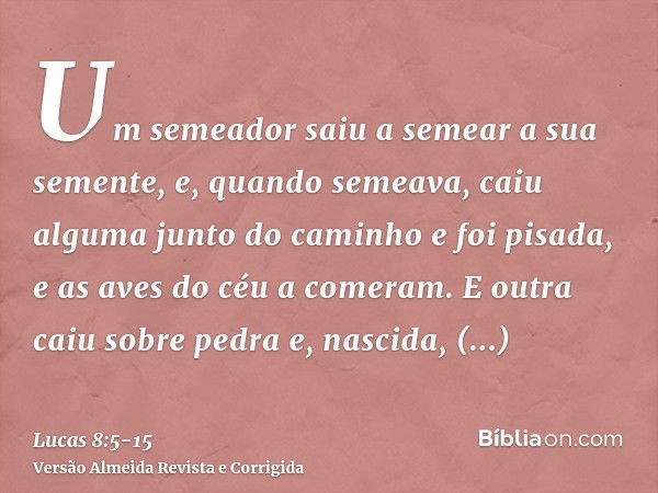 Um semeador saiu a semear a sua semente, e, quando semeava, caiu alguma junto do caminho e foi pisada, e as aves do céu a comeram.E outra caiu sobre pedra e, na