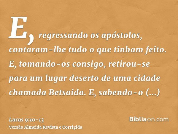 E, regressando os apóstolos, contaram-lhe tudo o que tinham feito. E, tomando-os consigo, retirou-se para um lugar deserto de uma cidade chamada Betsaida.E, sab