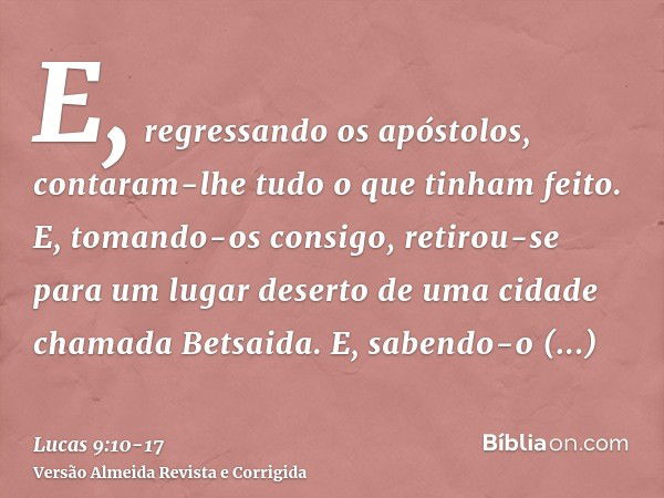 E, regressando os apóstolos, contaram-lhe tudo o que tinham feito. E, tomando-os consigo, retirou-se para um lugar deserto de uma cidade chamada Betsaida.E, sab