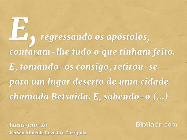 E, regressando os apóstolos, contaram-lhe tudo o que tinham feito. E, tomando-os consigo, retirou-se para um lugar deserto de uma cidade chamada Betsaida.E, sab