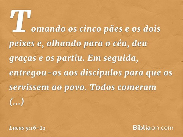 Tomando os cinco pães e os dois peixes e, olhando para o céu, deu graças e os partiu. Em seguida, entregou-os aos discípulos para que os servissem ao povo. Todo