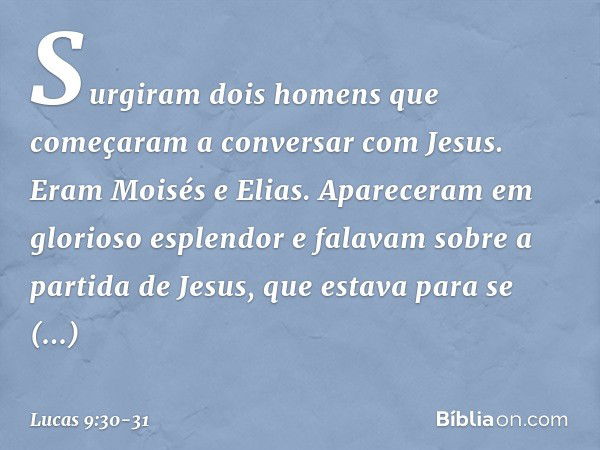 Surgiram dois homens que começaram a conversar com Jesus. Eram Moisés e Elias. Apareceram em glorioso esplendor e falavam sobre a partida de Jesus, que estava p