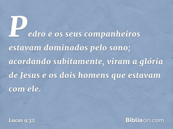 Pedro e os seus companheiros estavam dominados pelo sono; acordando subitamente, viram a glória de Jesus e os dois homens que estavam com ele. -- Lucas 9:32