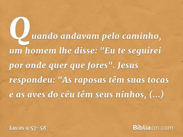 Quando andavam pelo caminho, um homem lhe disse: "Eu te seguirei por onde quer que fores". Jesus respondeu: "As raposas têm suas tocas e as aves do céu têm seus