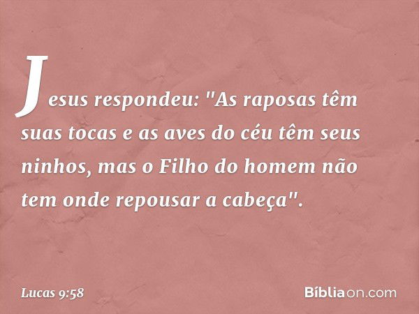 Jesus respondeu: "As raposas têm suas tocas e as aves do céu têm seus ninhos, mas o Filho do homem não tem onde repousar a cabeça". -- Lucas 9:58