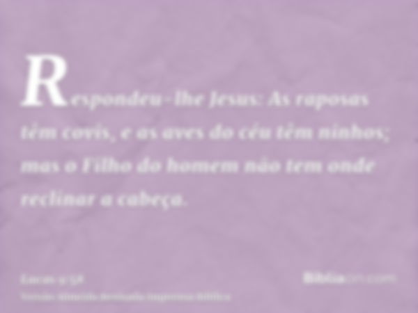 Respondeu-lhe Jesus: As raposas têm covis, e as aves do céu têm ninhos; mas o Filho do homem não tem onde reclinar a cabeça.