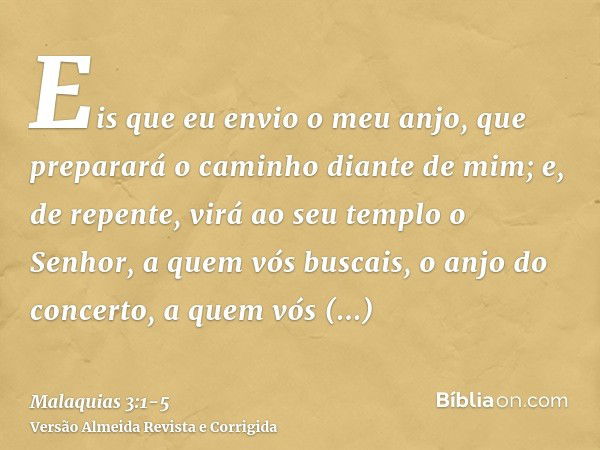 Eis que eu envio o meu anjo, que preparará o caminho diante de mim; e, de repente, virá ao seu templo o Senhor, a quem vós buscais, o anjo do concerto, a quem v