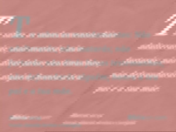 Tu sabes os mandamentos: Não adulterarás; não matarás; não furtarás; não dirás falsos testemunhos; não defraudarás alguém; honra a teu pai e a tua mãe.