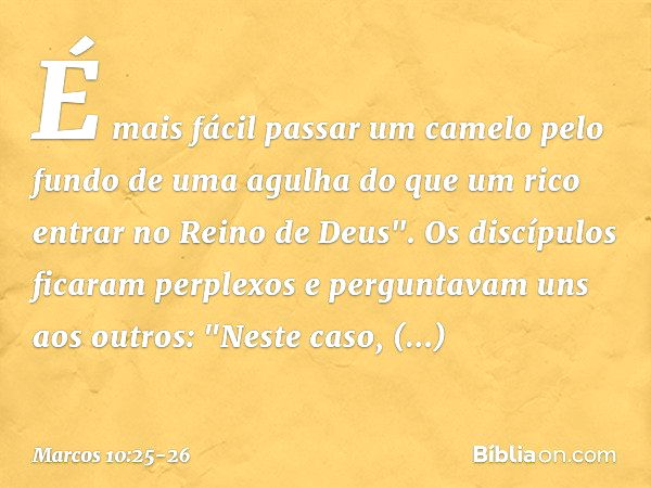 É mais fácil passar um camelo pelo fundo de uma agulha do que um rico entrar no Reino de Deus". Os discípulos ficaram perplexos e perguntavam uns aos outros: "N