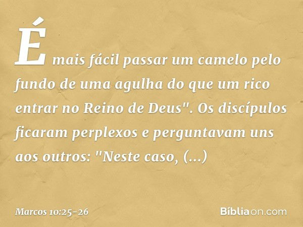 É mais fácil passar um camelo pelo fundo de uma agulha do que um rico entrar no Reino de Deus". Os discípulos ficaram perplexos e perguntavam uns aos outros: "N