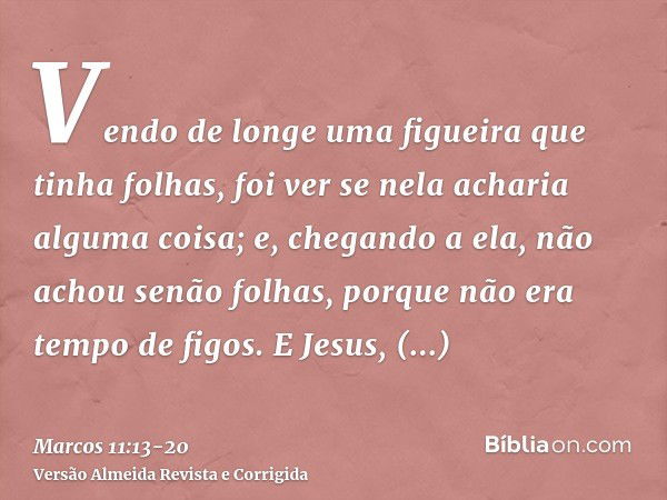 Vendo de longe uma figueira que tinha folhas, foi ver se nela acharia alguma coisa; e, chegando a ela, não achou senão folhas, porque não era tempo de figos.E J