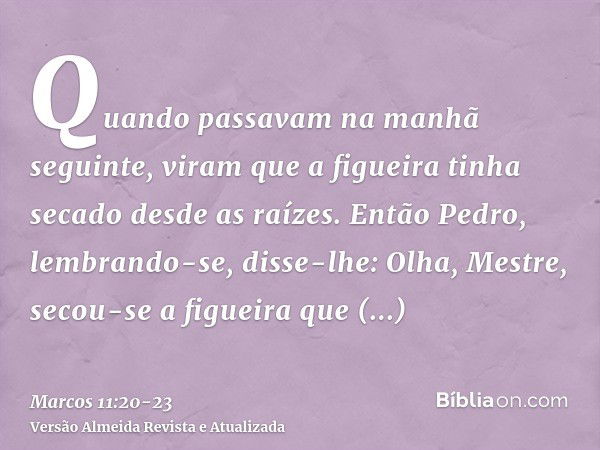 Quando passavam na manhã seguinte, viram que a figueira tinha secado desde as raízes.Então Pedro, lembrando-se, disse-lhe: Olha, Mestre, secou-se a figueira que