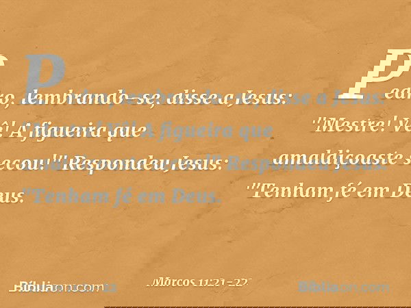 Pedro, lembrando-se, disse a Jesus: "Mestre! Vê! A figueira que amaldiçoaste secou!" Respondeu Jesus: "Tenham fé em Deus. -- Marcos 11:21-22