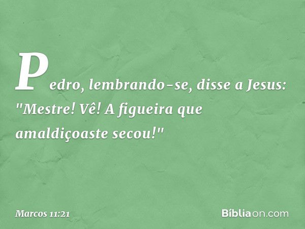 Pedro, lembrando-se, disse a Jesus: "Mestre! Vê! A figueira que amaldiçoaste secou!" -- Marcos 11:21