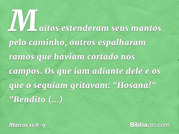 Muitos estenderam seus mantos pelo caminho, outros espalharam ramos que haviam cortado nos campos. Os que iam adiante dele e os que o seguiam gritavam:
"Hosana!