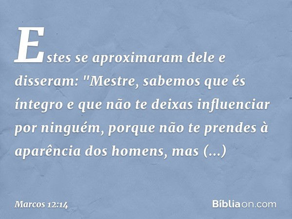 Estes se aproximaram dele e disseram: "Mestre, sabemos que és íntegro e que não te deixas influenciar por ninguém, porque não te prendes à aparência dos homens,