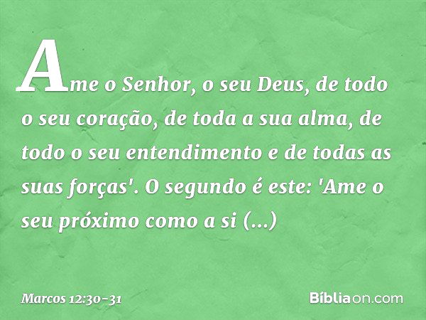 Ame o Senhor, o seu Deus, de todo o seu coração, de toda a sua alma, de todo o seu entendimento e de todas as suas forças'. O segundo é este: 'Ame o seu próximo