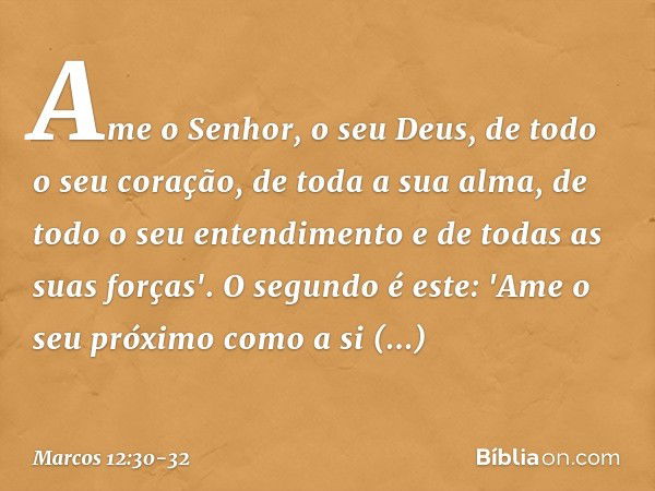 Ame o Senhor, o seu Deus, de todo o seu coração, de toda a sua alma, de todo o seu entendimento e de todas as suas forças'. O segundo é este: 'Ame o seu próximo