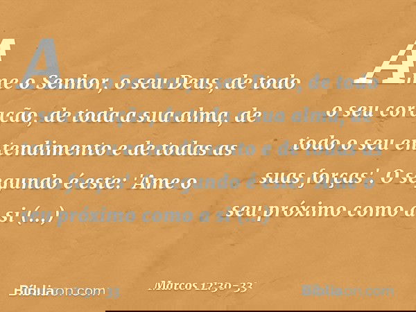 Ame o Senhor, o seu Deus, de todo o seu coração, de toda a sua alma, de todo o seu entendimento e de todas as suas forças'. O segundo é este: 'Ame o seu próximo