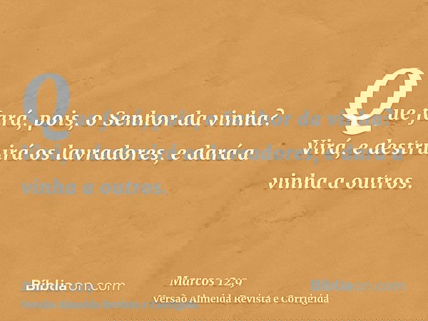 Que fará, pois, o Senhor da vinha? Virá, e destruirá os lavradores, e dará a vinha a outros.