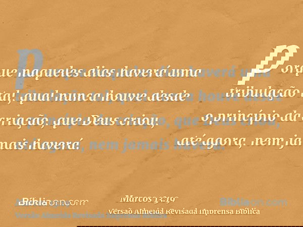porque naqueles dias haverá uma tribulação tal, qual nunca houve desde o princípio da criação, que Deus criou, até agora, nem jamais haverá.