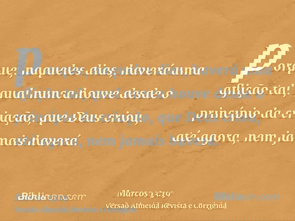 porque, naqueles dias, haverá uma aflição tal, qual nunca houve desde o princípio da criação, que Deus criou, até agora, nem jamais haverá.