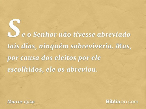 Se o Senhor não tivesse abreviado tais dias, ninguém sobreviveria. Mas, por causa dos eleitos por ele escolhidos, ele os abreviou. -- Marcos 13:20